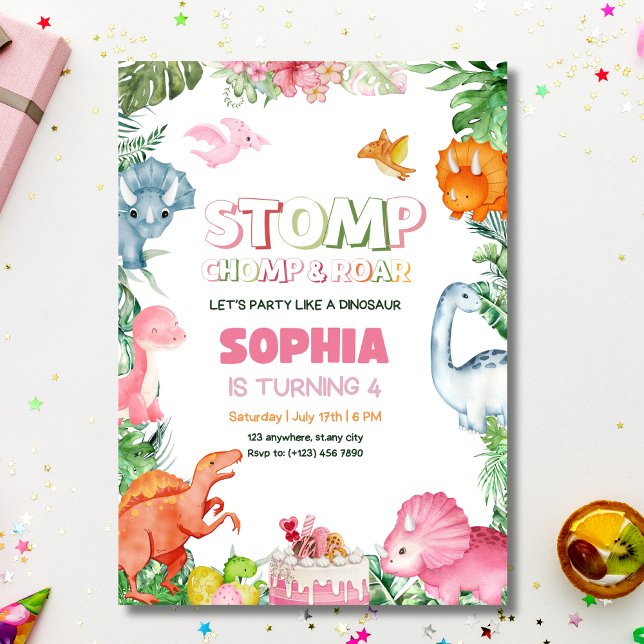 Pink Dinosaur Birthday Invitation Girl Dinosaur  (Creator Uploaded)