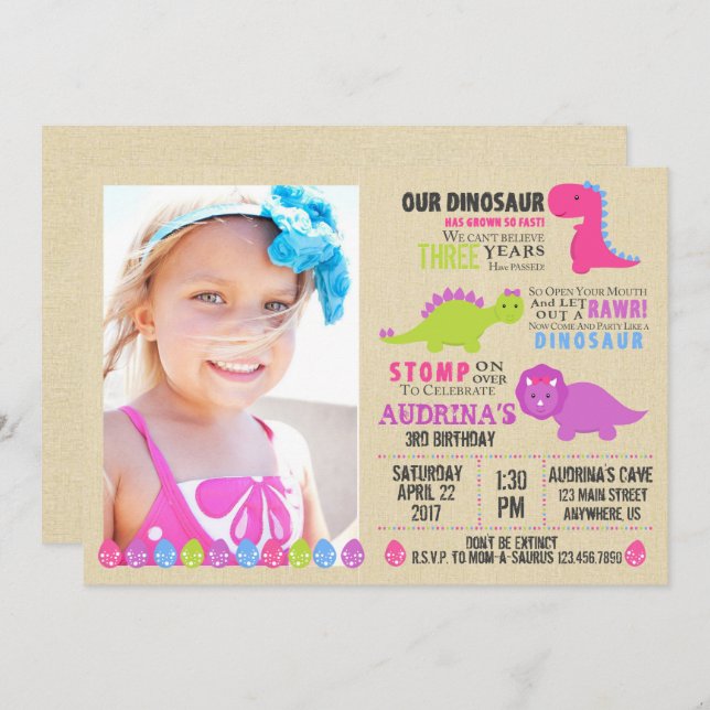 Pink Dinosaur Birthday Invitation Girl Dinosaurs (Front/Back)
