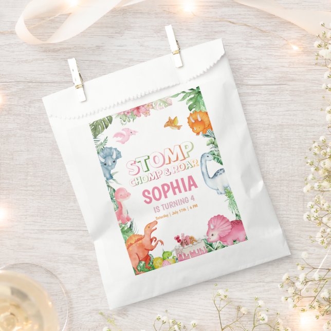 Pink Dinosaur Birthday Party, Girls Dinosaur party Favour Bag (Clipped)