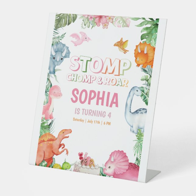 Pink Dinosaur Birthday Party, Girls Dinosaur party Pedestal Sign (Front)