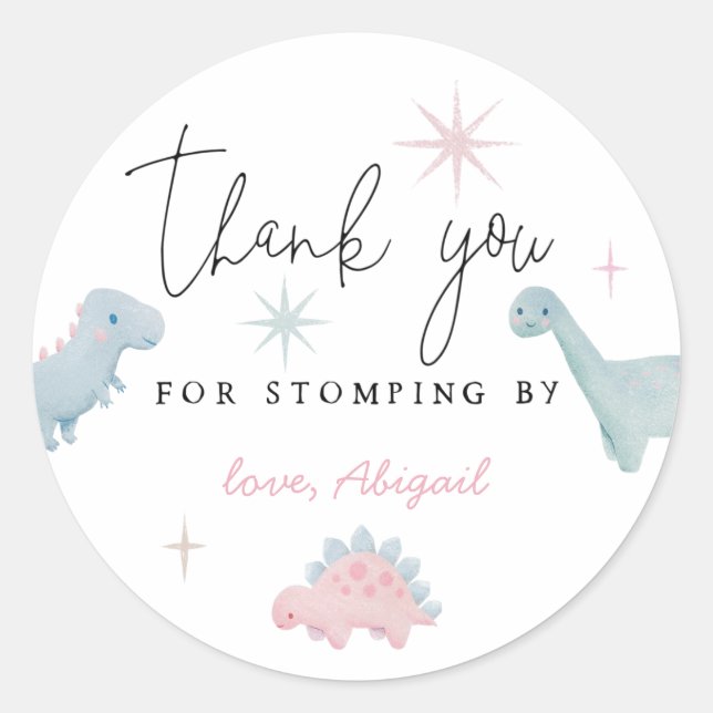 Pink Dinosaur Birthday Stomping By Favour Classic Round Sticker (Front)