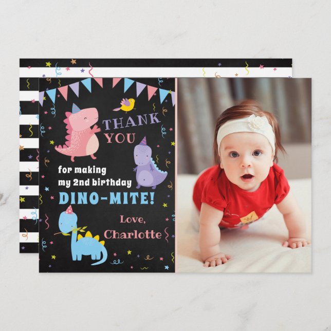 Pink Dinosaur Chalkboard Girls Dino Party Photo Thank You Card (Front/Back)
