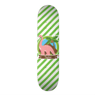 Pink Dinosaur, Dino; Green & White Stripes Skateboard