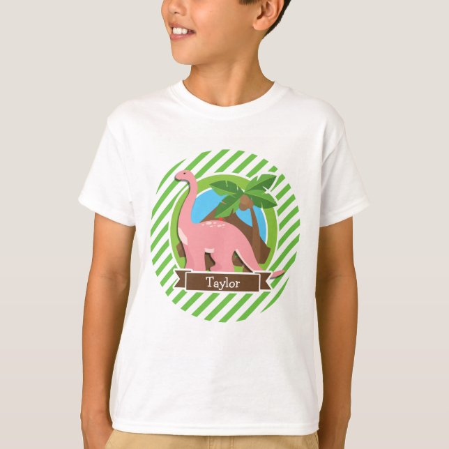 Pink Dinosaur, Dino; Green & White Stripes T-Shirt (Front)