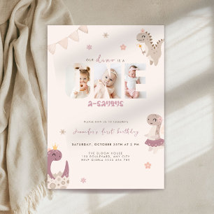 Pink Dinosaur First Birthday Photo Invitation Girl