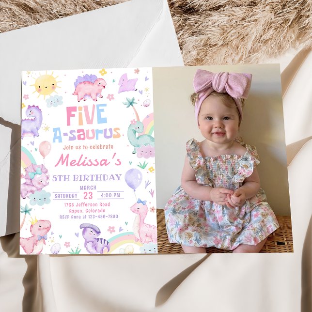 Pink Dinosaur Five A-Saurus Birthday Party Photo Invitation (Creator Uploaded)