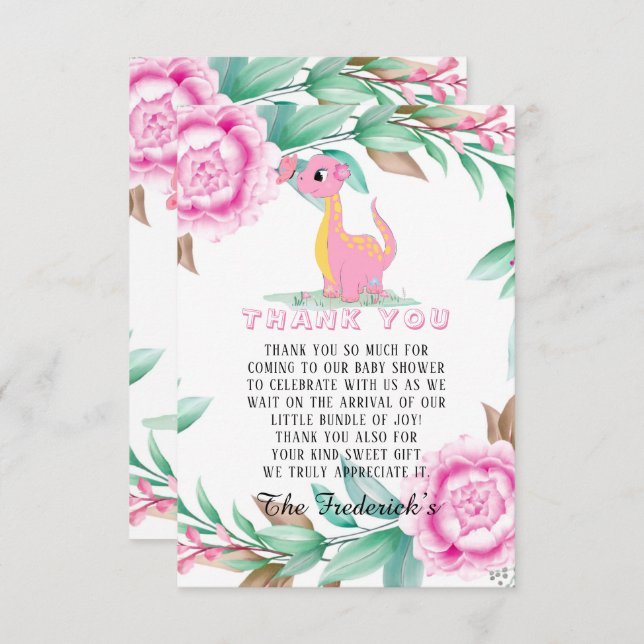 Pink Dinosaur Girl Baby Shower Thank You Cards (Front/Back)