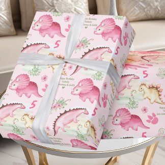 Pink Dinosaur Girl Birthday Custom Name Number Wrapping Paper