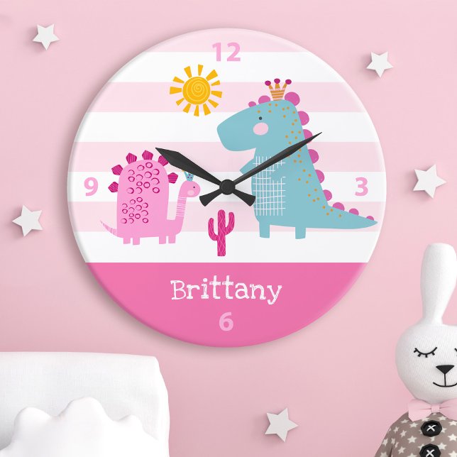 Pink Dinosaur Girl Nursery Custom Name Kawaii Cute Large Clock (Creator Uploaded)