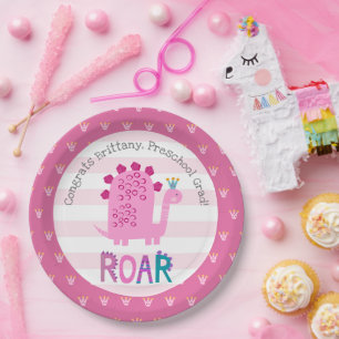 Pink Dinosaur Girl Preschool Graduation Whimsical Paper Plate