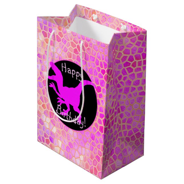 Pink Dinosaur Hide Happy Birthday! Medium Gift Bag (Back Angled)