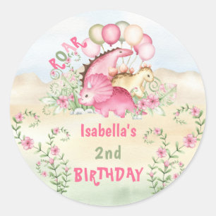 Pink Dinosaur Little Girl Pastel Cute Birthday Classic Round Sticker