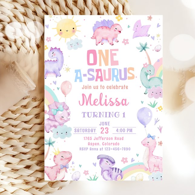 Pink Dinosaur One-A-Saurus 1st Birthday Party Invitation (Creator Uploaded)