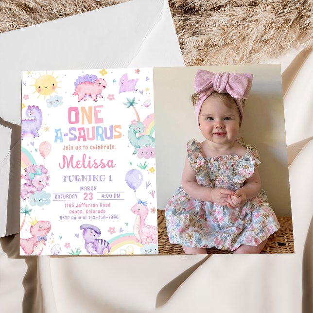 Pink Dinosaur One-A-Saurus 1st Birthday Photo Invitation (Creator Uploaded)