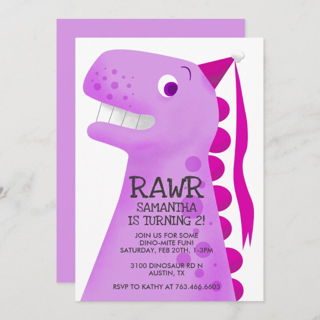 Pink Dinosaur Princess Birthday Party Invitation (Front/Back)