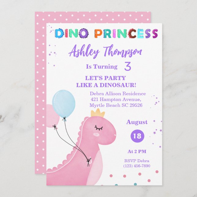  Pink Dinosaur Princess Girls TRex Birthday Party  Invitation (Front/Back)