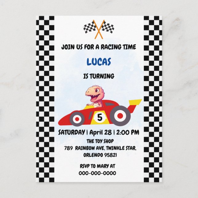 Pink Dinosaur Red race car boy kids Birthday party Invitation Postcard (Front)