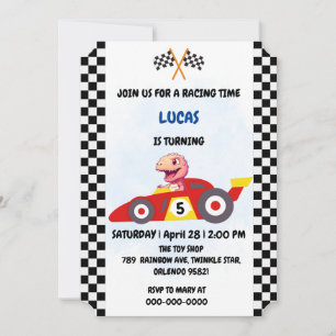 Pink Dinosaur red racing car boy Birthday party Holiday Card