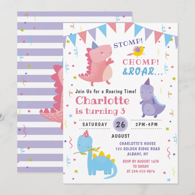 Pink Dinosaur Roar Birthday Girls Dino Party Invitation (Front/Back)