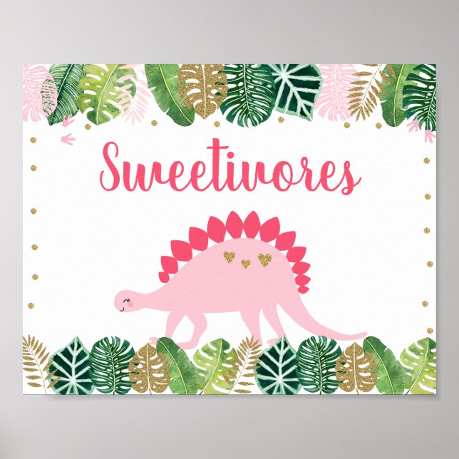 Pink Dinosaur Sweetivores Birthday Food Table Sign (Front)