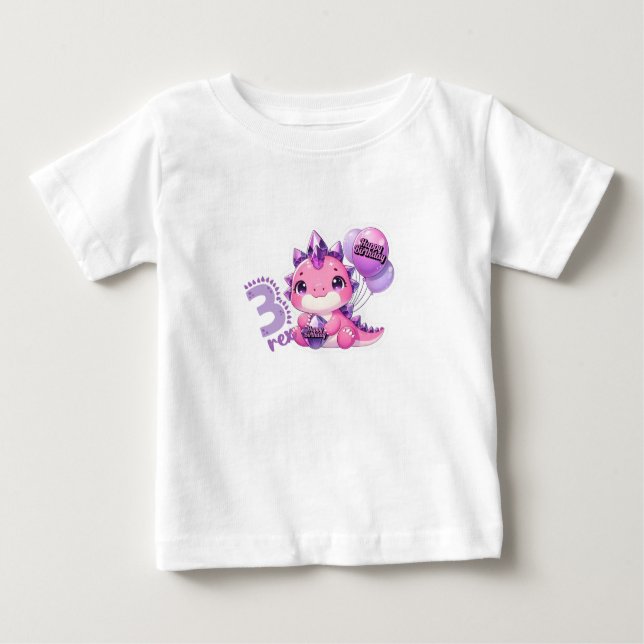 Pink Dinosaur Three Rex 3rd Birthday Party Baby Gi Baby T-Shirt (Front)