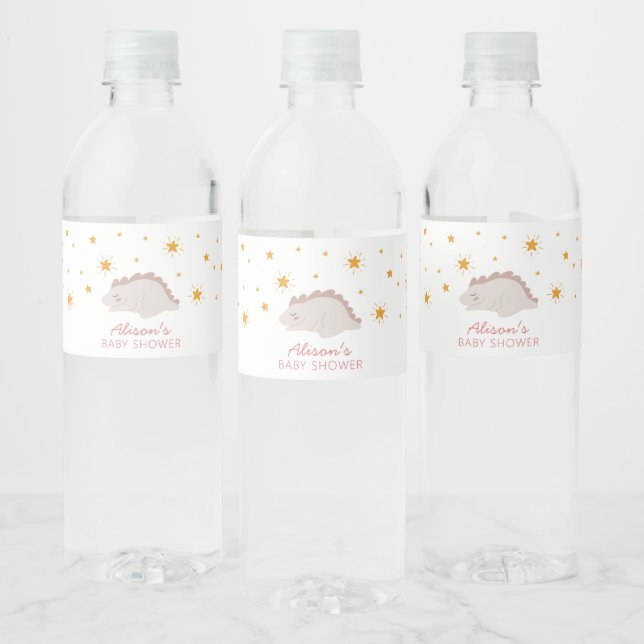 Pink Dinosaur Twinkle Stars Baby Girl Shower Water Bottle Label (Bottles)