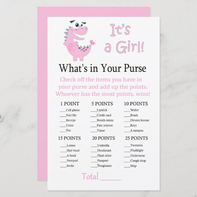 Pink Dinosaur What's in your purse game (Front/Back)
