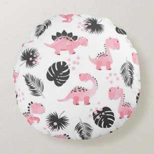 Pink Dinosaurs: Cute Kids Pattern. Round Cushion