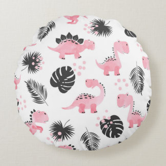 Pink Dinosaurs: Cute Kids Pattern. Round Cushion