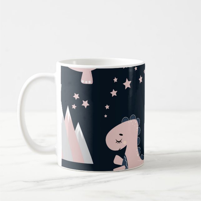 Pink dinosaurs, dark background, cute coffee mug (Left)