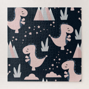 Pink dinosaurs, dark background, cute jigsaw puzzle