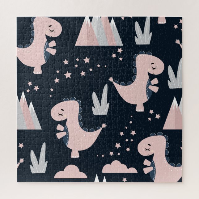 Pink dinosaurs, dark background, cute jigsaw puzzle (Vertical)