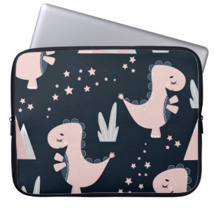 Pink dinosaurs, dark background, cute laptop sleeve