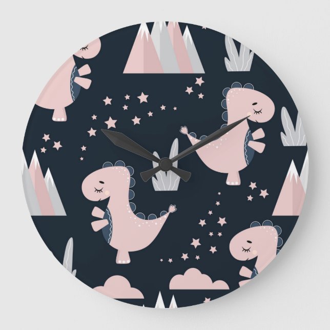 Pink dinosaurs, dark background, cute large clock (Front)