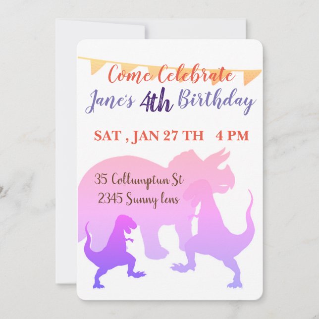 Pink Dinosaurs Flags Kid Birthday Invitations Card (Front)