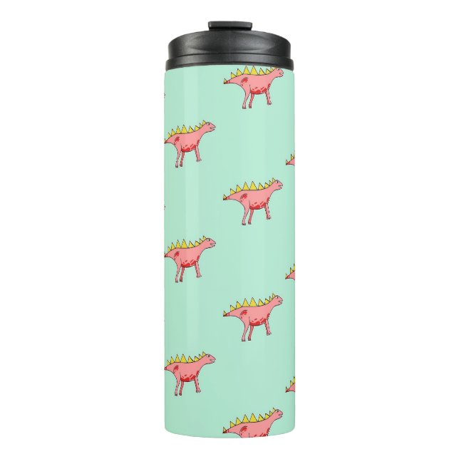 Pink dinosaurs pattern on pale blue thermal tumbler (Front)