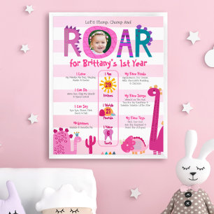 Pink Dinosaurs Photo Girl 1st Birthday Milestone Poster