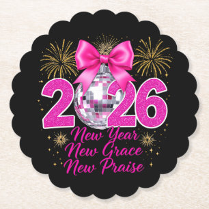 Pink Disco Ball 2026 with Fireworks and Praise Paper Coaster
