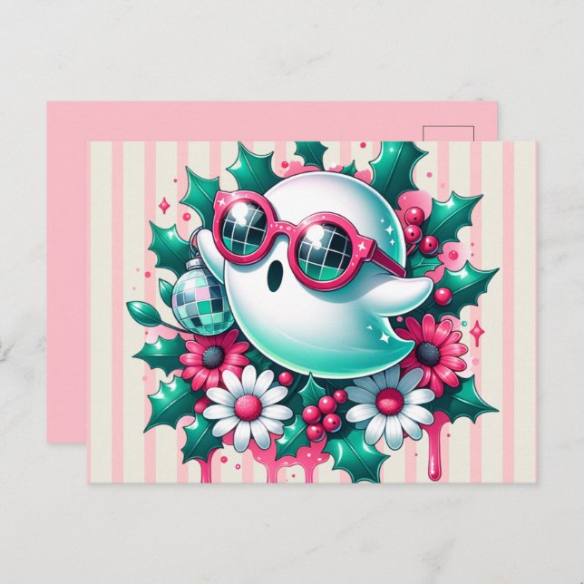 Pink Disco Ball Christmas Ghost Postcard (Front/Back)