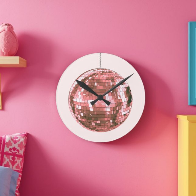Pink Disco Ball, Girly Aesthetic, Glam 1970s Style Round Clock (Creator Uploaded)