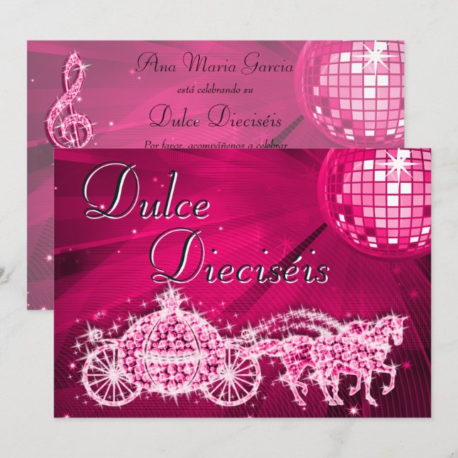 Pink Disco Ball, Princess Coach & Horses Sweet 16 Invitation (Front/Back)