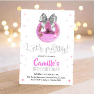 Pink Disco Ball   Silver bow Birthday  Invitation