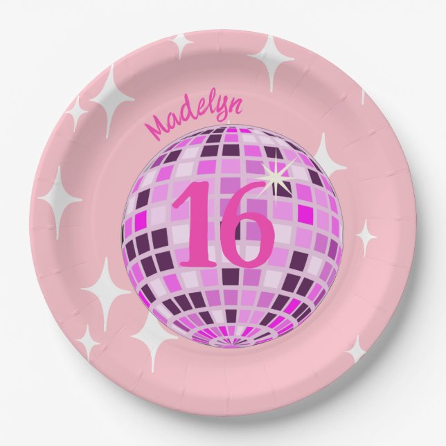 Pink Disco Ball Sweet Sixteen 16th Birthday Paper Plate (Front)