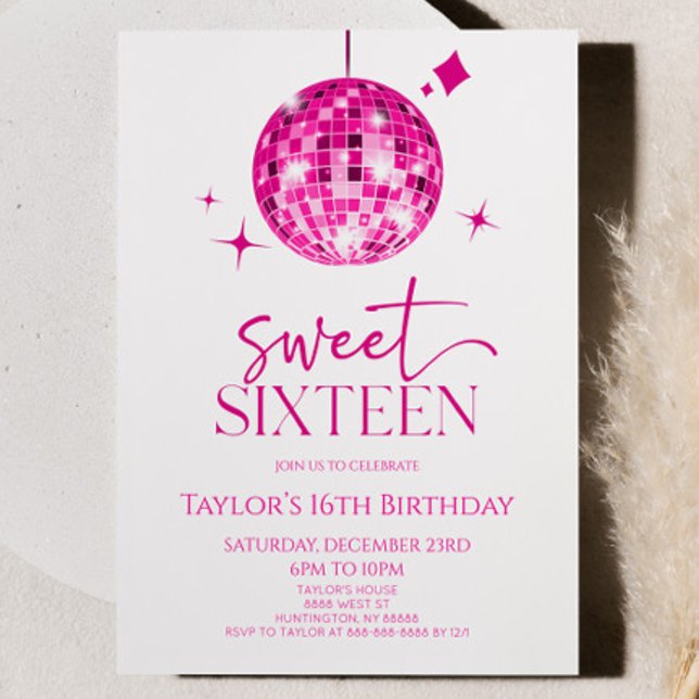 Pink Disco Ball Sweet Sixteen 16th Birthday Party Invitation (Creator Uploaded)