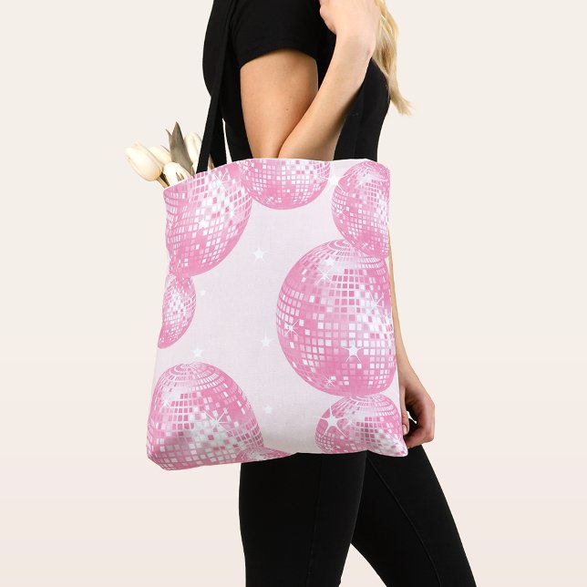 Pink Disco Balls and White Stars, Girly Retro Tote Bag (Creator Uploaded)