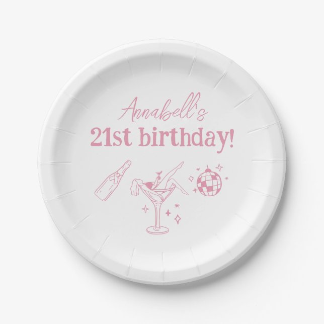 Pink Disco Birthday Party Modern Hand Drawn Doodle Paper Plate (Front)