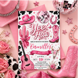 Pink Disco Cowgirl Birthday Invitation