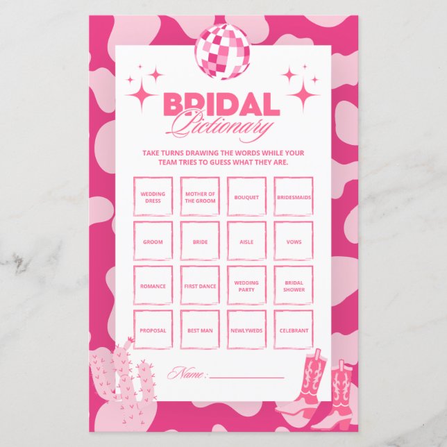 Pink Disco Cowgirl Bridal Pictionary Game Cards (Front)