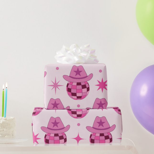 Pink Disco Cowgirl Hat Pattern with Stars  Wrapping Paper (Party Gifts)