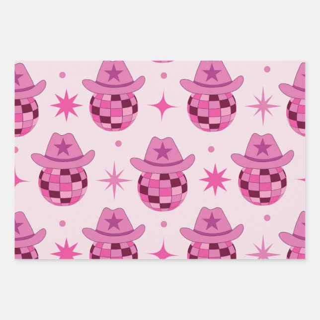 Pink Disco Cowgirl Hat Pattern with Stars  Wrapping Paper Sheet (Front)